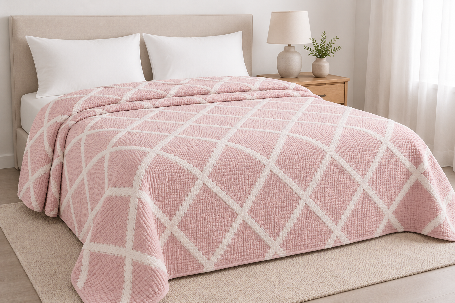 OLACHIKA Home Soft Pink Textured Quilt – Geometric Cotton Bedspread 230x250 cm