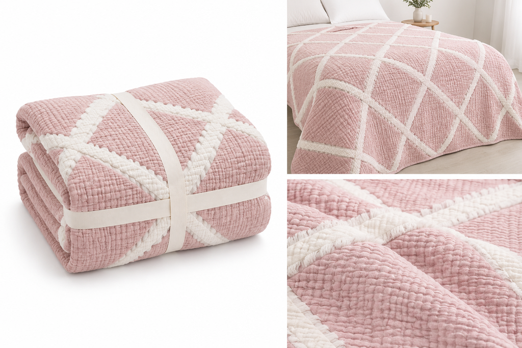 OLACHIKA Home Soft Pink Textured Quilt – Geometric Cotton Bedspread 230x250 cm