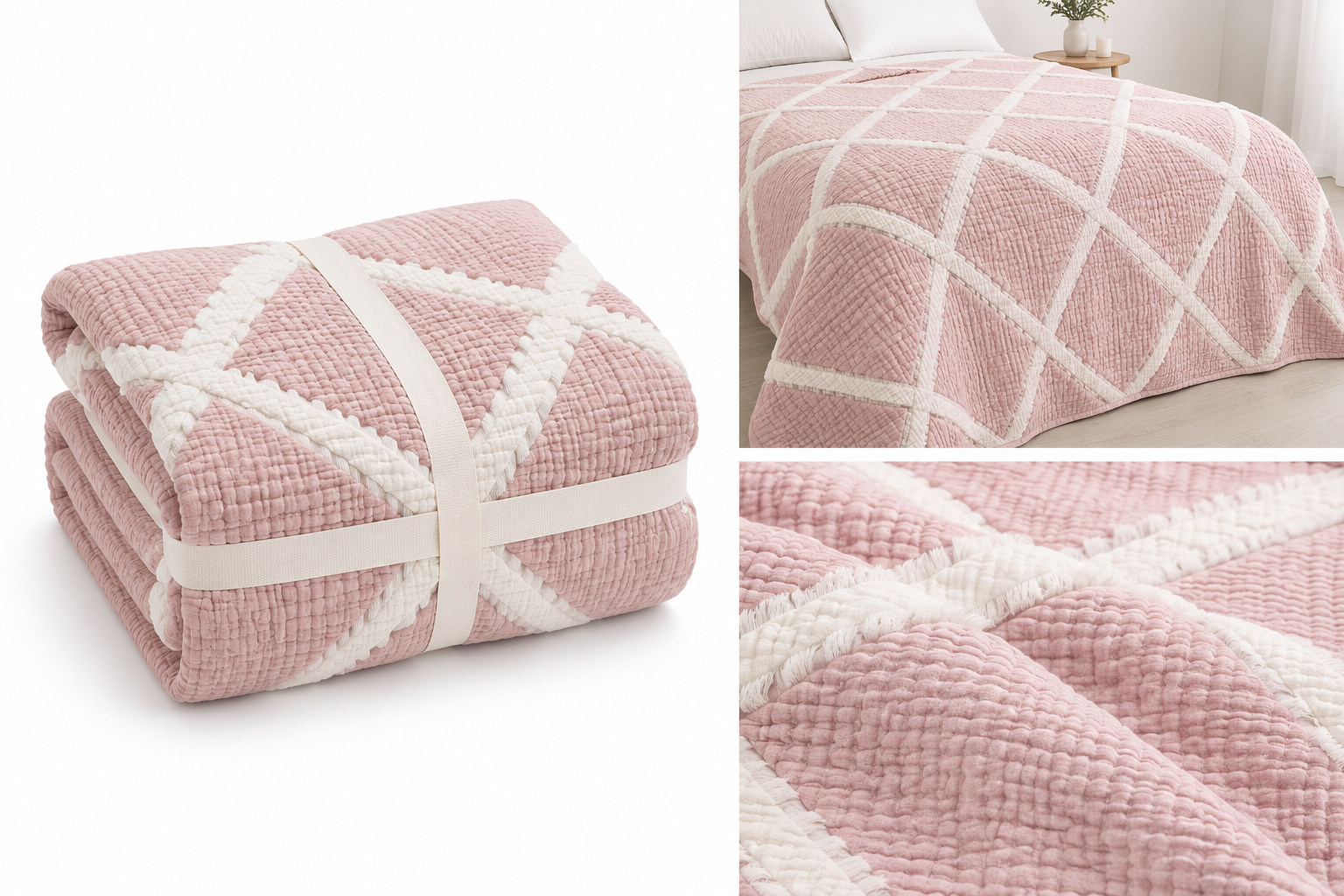 OLACHIKA Home Soft Pink Textured Quilt – Geometric Cotton Bedspread 230x250 cm