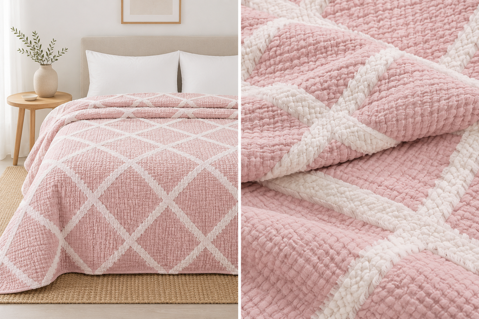 OLACHIKA Home Soft Pink Textured Quilt – Geometric Cotton Bedspread 230x250 cm