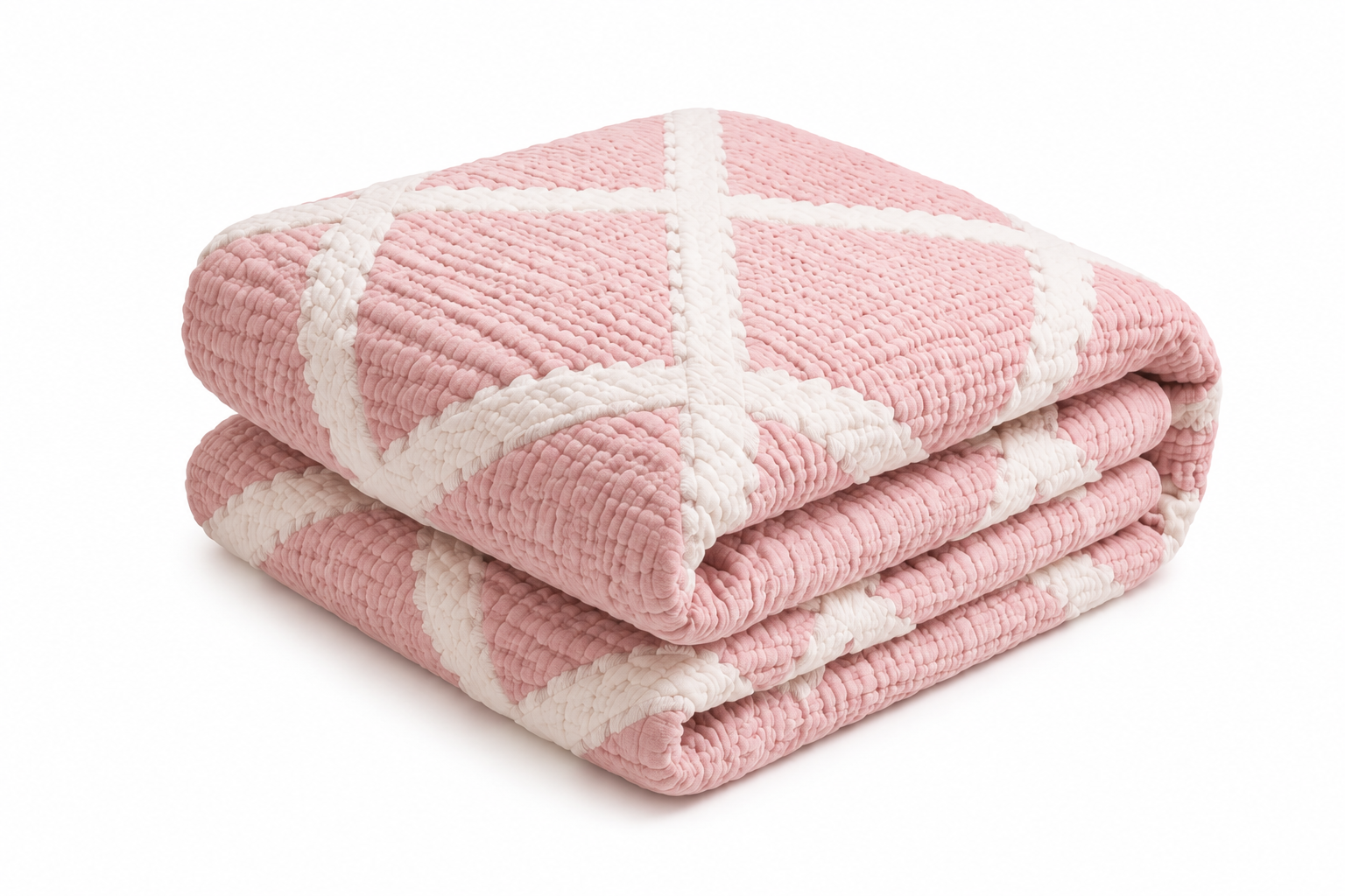OLACHIKA Home Soft Pink Textured Quilt – Geometric Cotton Bedspread 230x250 cm