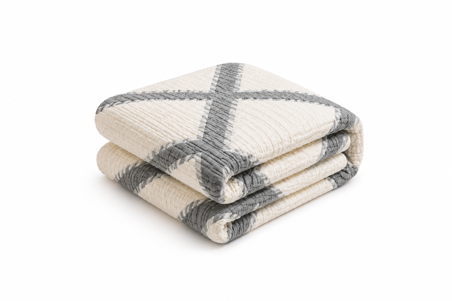 OLACHIKA Home Cream & Grey Textured Quilt – Geometric Cotton Bedspread 230x250 cm