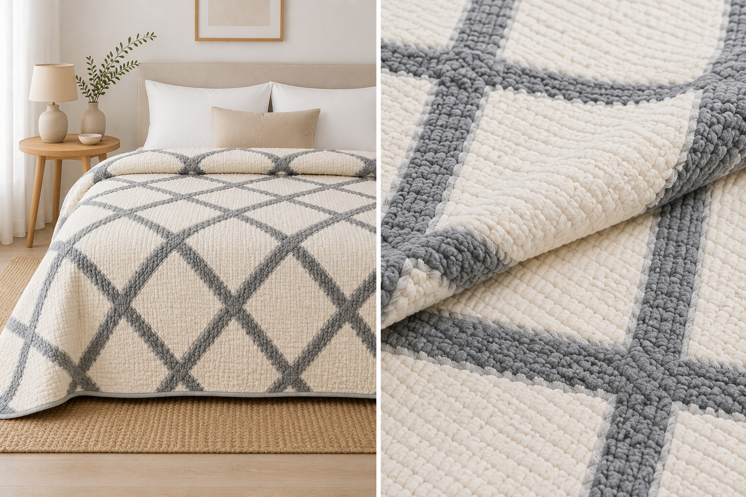 OLACHIKA Home Cream & Grey Textured Quilt – Geometric Cotton Bedspread 230x250 cm