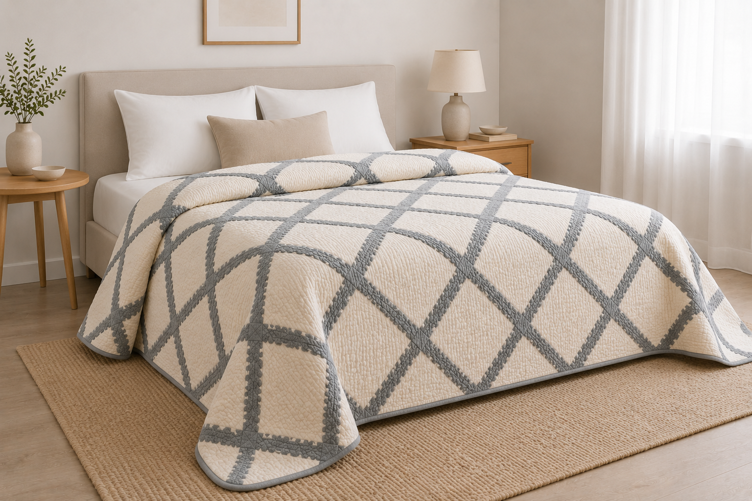 OLACHIKA Home Cream & Grey Textured Quilt – Geometric Cotton Bedspread 230x250 cm