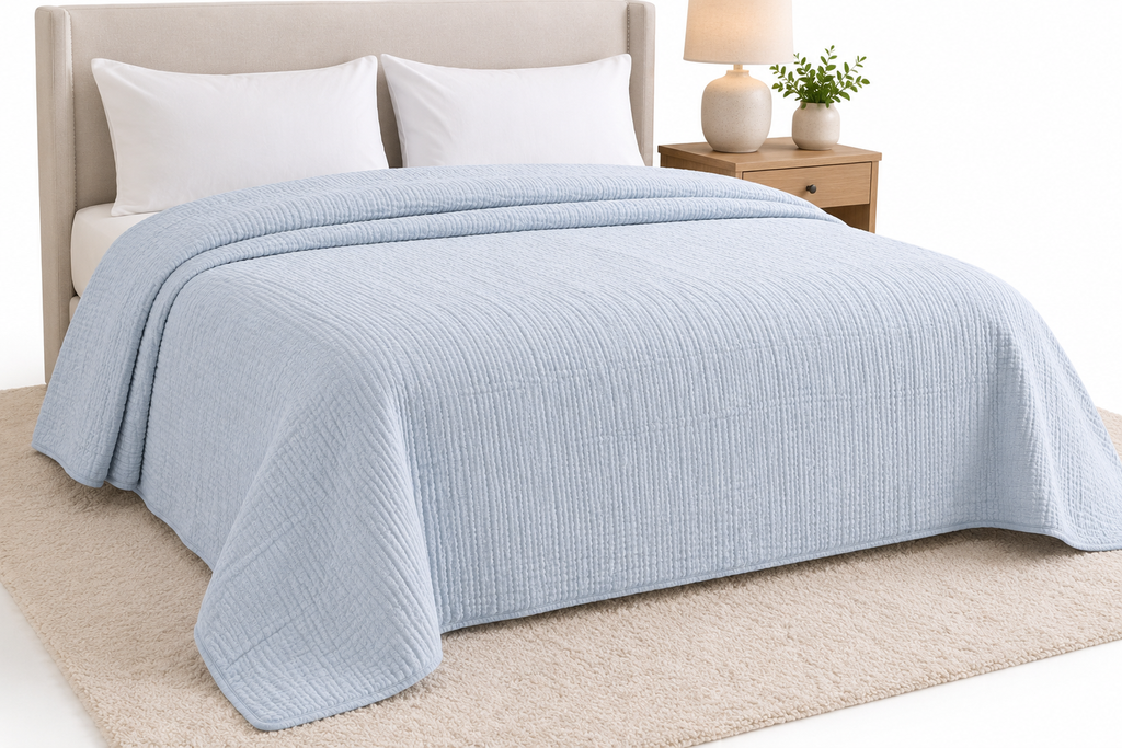 Soft blue muslin bedspread styled on modern bed