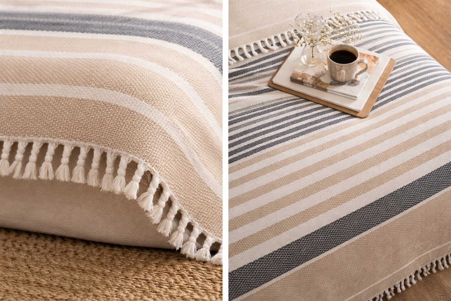 Close-up of cotton bedspread texture with fringe detail