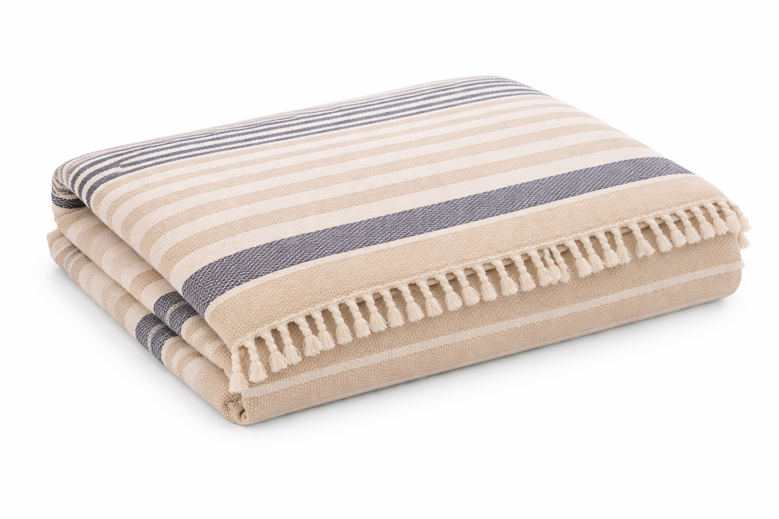 Folded striped bedspread on white background
