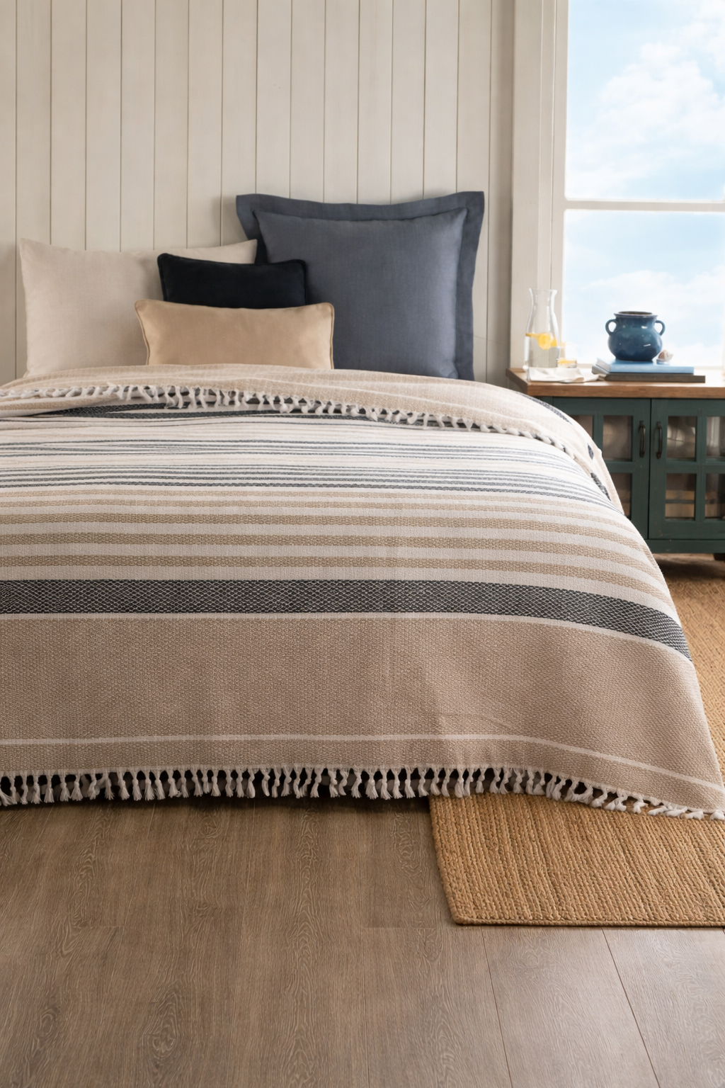 Styled bed with neutral striped throw blanket